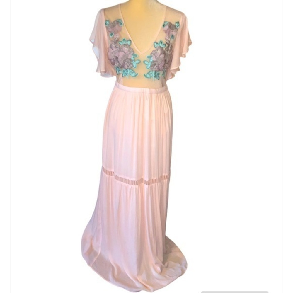 VENUS Light Pink Maxi Dress Sheer Top Floral Embroidery Size 6